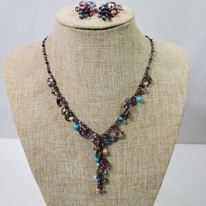 Vintage Necklace + Earrings Chain w/ Glass Beads 17 Inch Multi Color